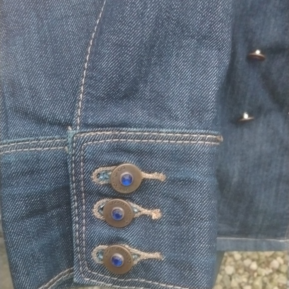 Joujou Womens Jean Jacket Blue Denim Double Breasted Collar Belted size Large - Picture 7 of 15